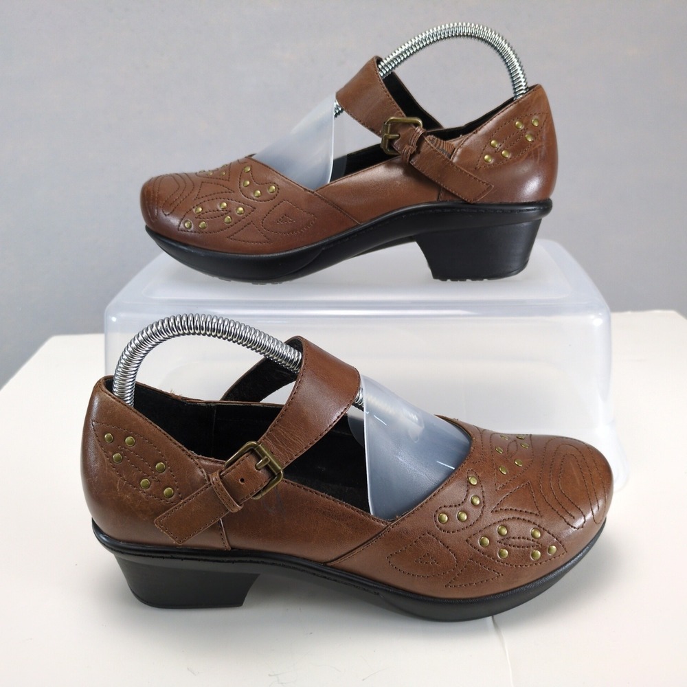 Abeo Cassie Brown Leather Brass Studs Mary Jane Shoes Womens 7 1.75" Block Heel